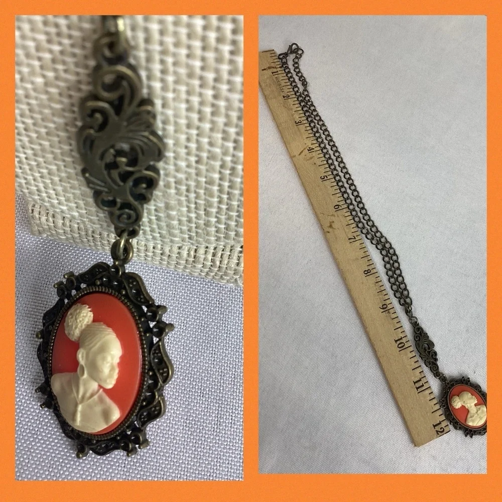 Orange and bronze cameo necklace.
